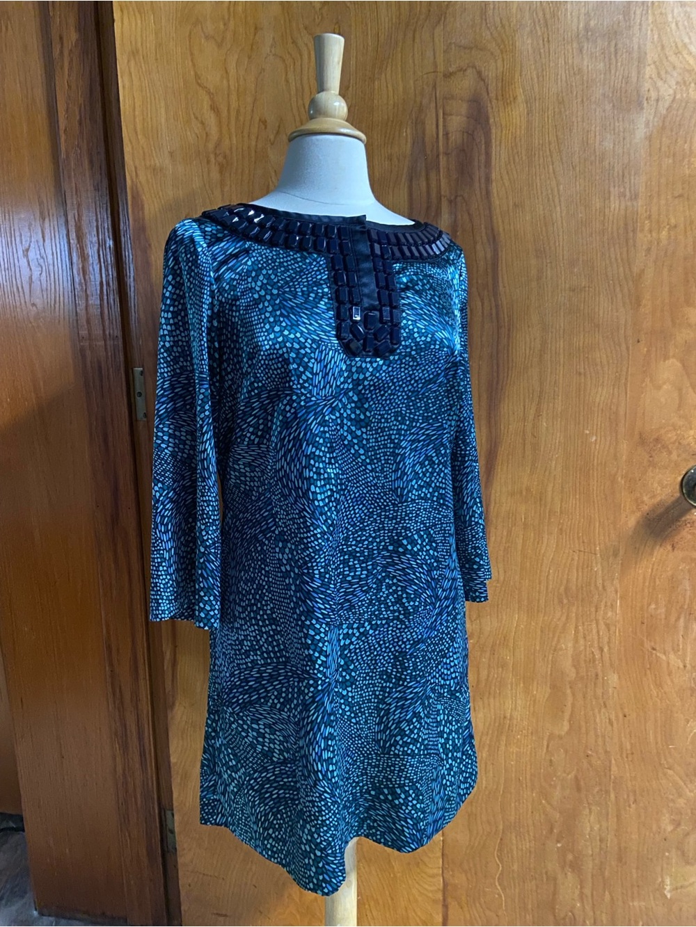 MICHAEL KORS Tunic Blue Patterned Shift Dress with Beaded Neckline